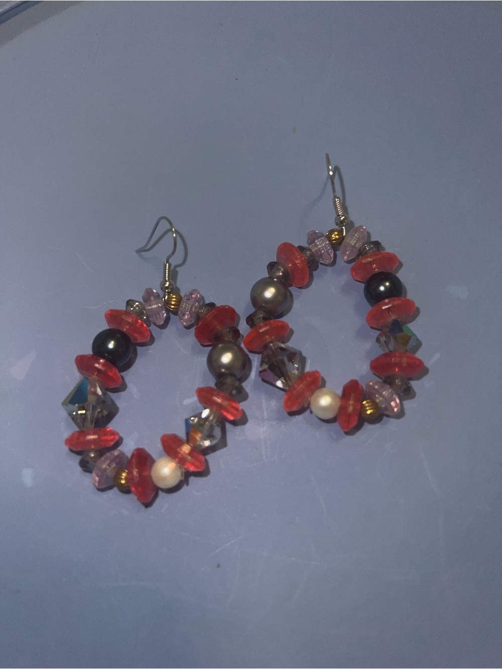 Pink Beaded Hoop Earrings with Mixed Pearls and Crystal Accents